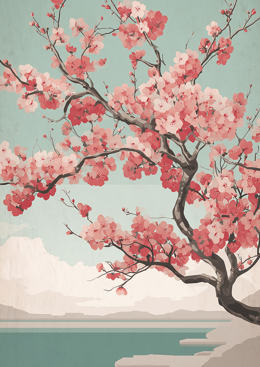 Artwork of cherry blossoms in full bloom against a turquoise background.
